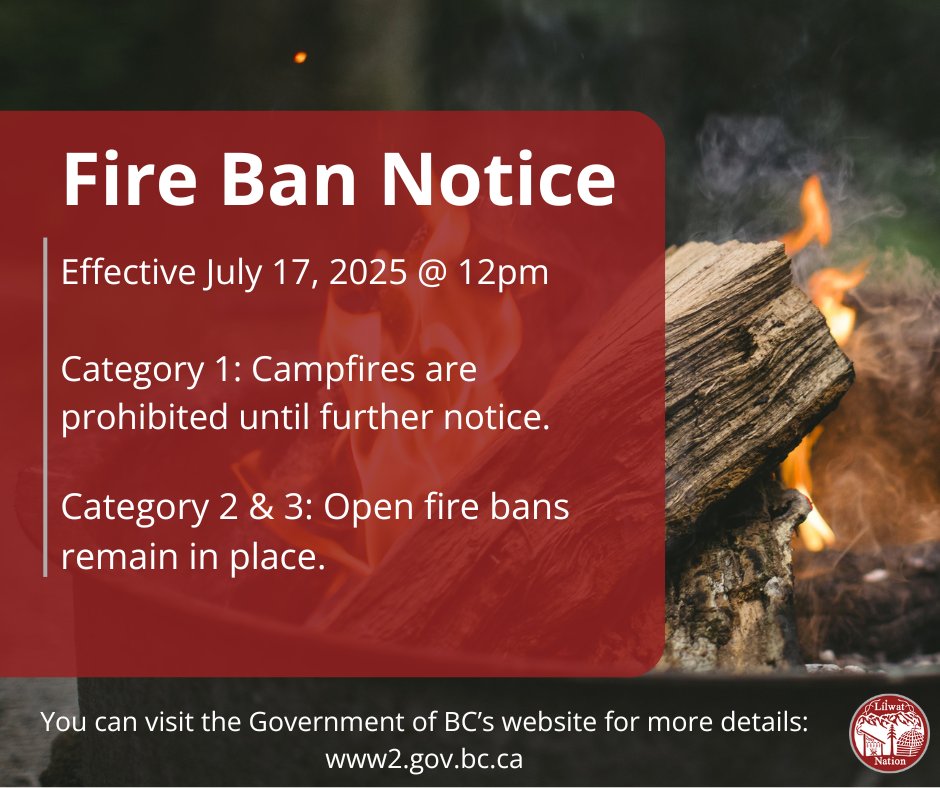 LilwatNation's tweet image. A fire ban is in place for our region. Please be respectful and stay safe.
You can visit the Government of British Columbia’s website for updates, more details on the fire ban and which activities are restricted.

www2.gov.bc.ca/gov/content/sa…