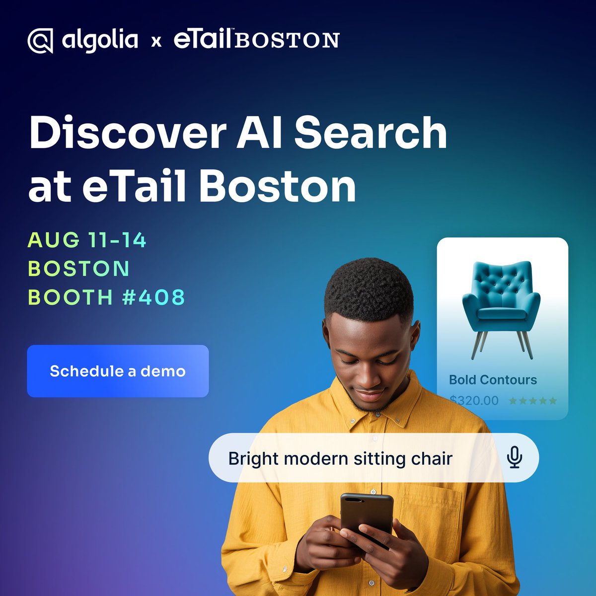 algolia's tweet photo. Ready, set, connect! Join us at the @etail East Conference in Boston 💫
Whether you're a CTO, CMO or merchandiser, meet us at Booth # 408 to deliver seamless customer journeys with #AISearch that understands.
Join our team at #eTailBoston: https://t.co/AL67M0yn7G https://t.co/bVaFcnyzip