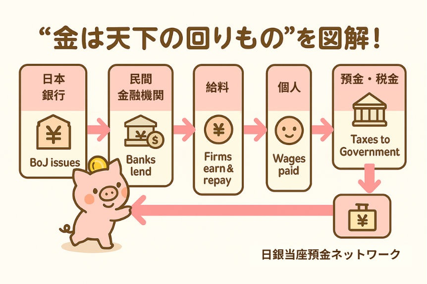 PigipeRPG's tweet photo. 🐷📷今日はお金の流れを解説するよっ  
日本銀行でお金が生まれてから、ぼくたちに届く��で🔁

①日銀が紙幣💴や貨幣🪙を発行
②民間の銀行にながれる🏦 
③企業が銀行からお金を借りてビジネスする🏭 
④給料がぼくたち個人に払われる👔
⑤ぼくたち個人がお金を使う&amp;貯める🛍
⑥一部税金を払う💰 https://t.co/3DF0na4Dxc