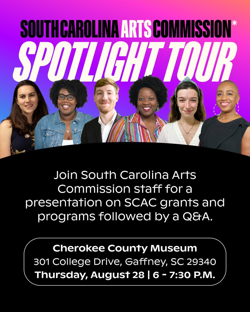 Coming to a city near you! ⭐
 
Join us next month for the FIRST stop of our new Spotlight Tour in Gaffney, SC.  
 
South Carolina Arts Commission staff will lead a presentation on SCAC grants and programs followed by a Q &amp; A. 
 
Register today |🔗bit.ly/SCACSpotlight