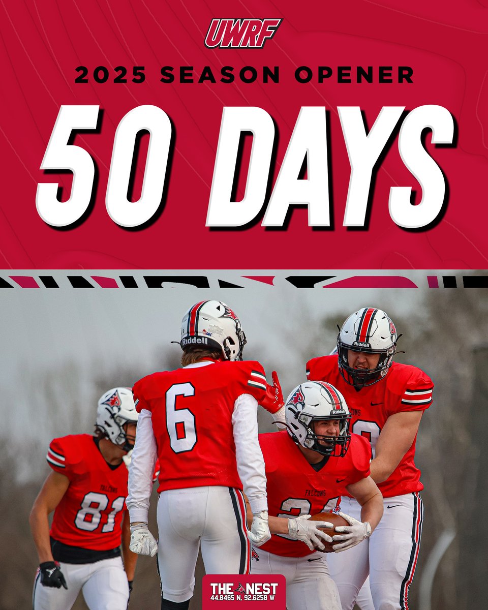 UW-River Falls Athletics (@uwrffalcons) on Twitter photo 5β£0β£ days until the <a href="/UWRFFootball/">Falcon Football</a> season & home opener!
π Alma College
ποΈ Saturday, Sept. 6
π 12 PM
ποΈ Smith Stadium at Ramer Field
#FFT 5β£0β£ days until the <a href="/UWRFFootball/">Falcon Football</a> season & home opener!
π Alma College
ποΈ Saturday, Sept. 6
π 12 PM
ποΈ Smith Stadium at Ramer Field
#FFT