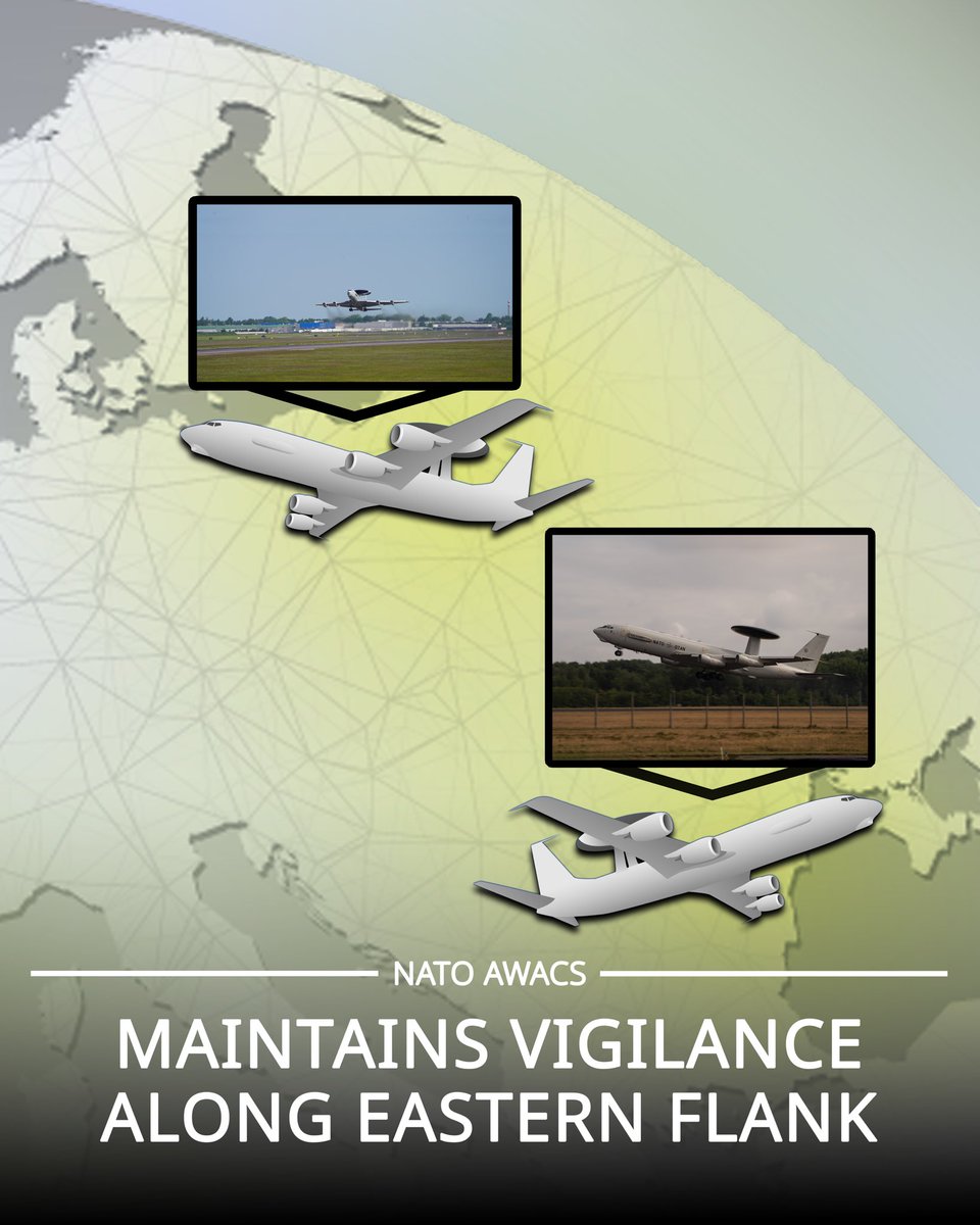 NATOAWACS's tweet image. Securing the skies is a team effort. ✈️
Across the Alliance, NATO AWACS remains vigilant preserving airspace above Allied territory while providing a real-time, flexible, and coordinated approach to assure NATO Allies.
#StrongerTogether #WeAreNATO #AssuranceMeasures