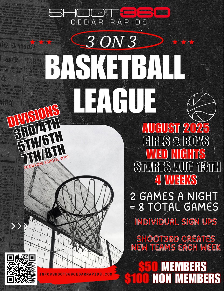 🚨Registration is NOW OPEN for our next 3️⃣on 3️⃣ league!

🏀Individual sign up
🏀2 games a night
🏀Prize for most individual wins in each division

LIMITED SPOTS AVAILABLE! Sign up by scanning QR code or by clicking the link below👊

form.jotform.com/251905101756150