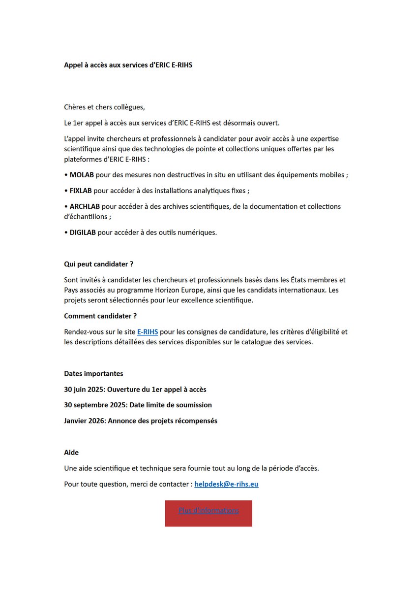 [Lettres-unitesrecherche-directions]   Réseau des chercheurs sur les patrimonialisations  : appel à accès aux   services d'ERIC E-RIHS e-rihs.eu/call-for-acces…