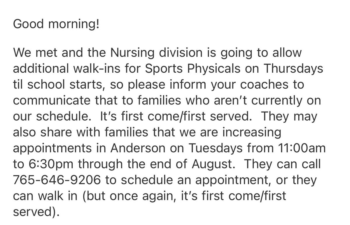 Thank you to the Madison County Health Department for helping with physicals. They are allowing additional walk-ins at the Elwood location on Thursdays and providing additional hours at the Anderson location.  Physicals must be done to participate in official practices!