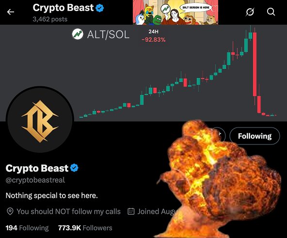 TheChilly710's tweet image. To every new person coming into the crypto space. Please do not follow any KOL (Influencer) they will scam and use you as exit liquidity. Most recent rug pull was Alt with KOL @cryptobeastreal
He rugged, disappeared for a few days and is now back. Be really careful.