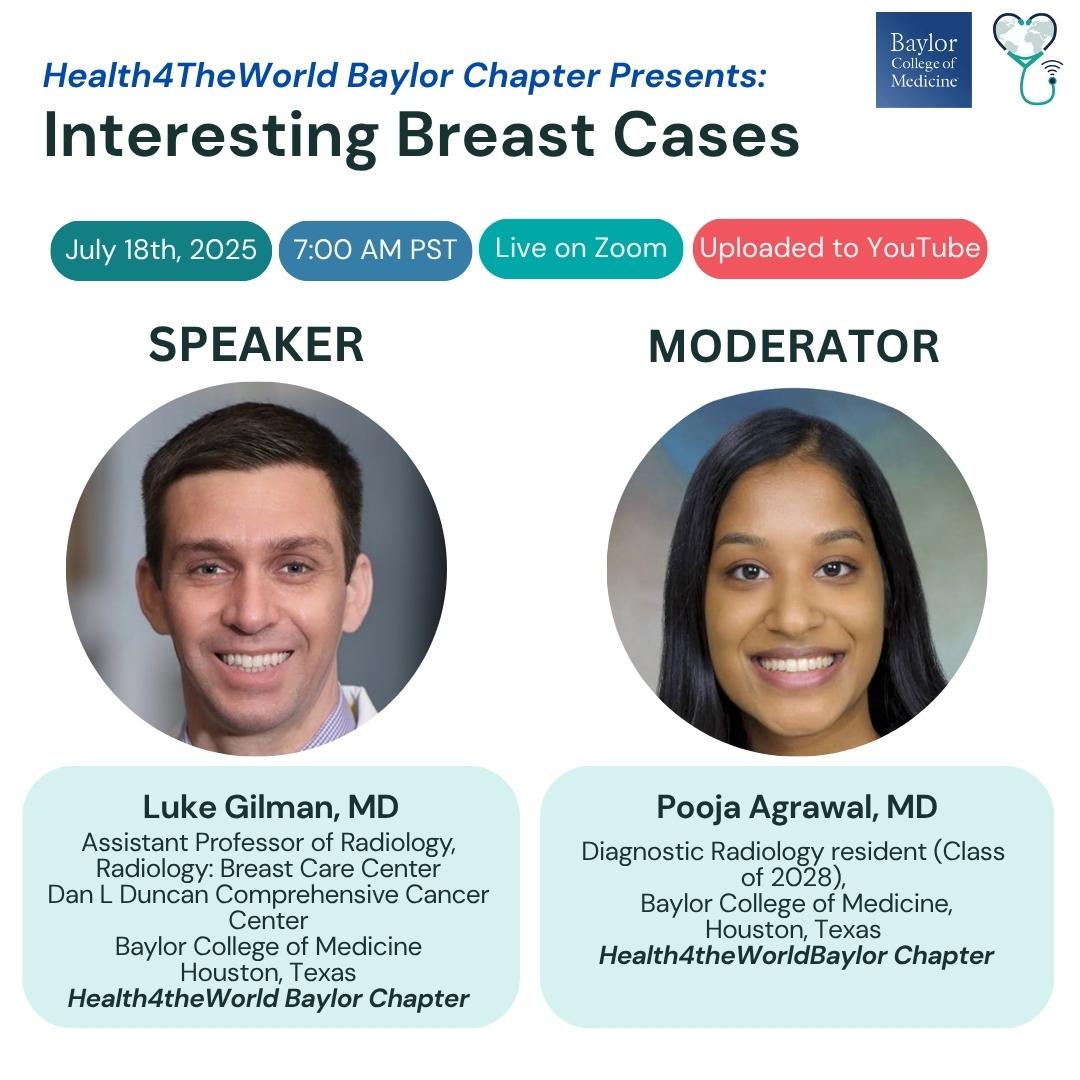 Health4TheWorld (@charityh4tw) on Twitter photo Join us tomorrow for an interesting session by the #H4TW #Baylor Chapter: #BreastCases
📅 July 18, 2025 | 🕖 7:00 AM PST
Featuring Dr. Luke Gilman as speaker <a href="/bcmhouston/">BCMHouston</a>
Register here: us02web.zoom.us/webinar/regist…
Live on Zoom and later on YouTube.
#radiology #MedEd #medtwitter Join us tomorrow for an interesting session by the #H4TW #Baylor Chapter: #BreastCases
📅 July 18, 2025 | 🕖 7:00 AM PST
Featuring Dr. Luke Gilman as speaker <a href="/bcmhouston/">BCMHouston</a>
Register here: us02web.zoom.us/webinar/regist…
Live on Zoom and later on YouTube.
#radiology #MedEd #medtwitter