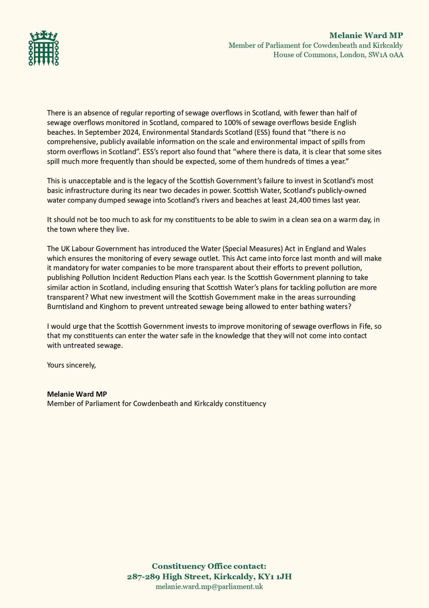 melanie_ward's tweet image. Today I have written to the Scottish Government about reported pollution in the water at Kinghorn and Burntisland beaches, leading to warnings that they are not currently safe to swim at.
It is unacceptable to have sewage polluting our beautiful beaches and they must act.