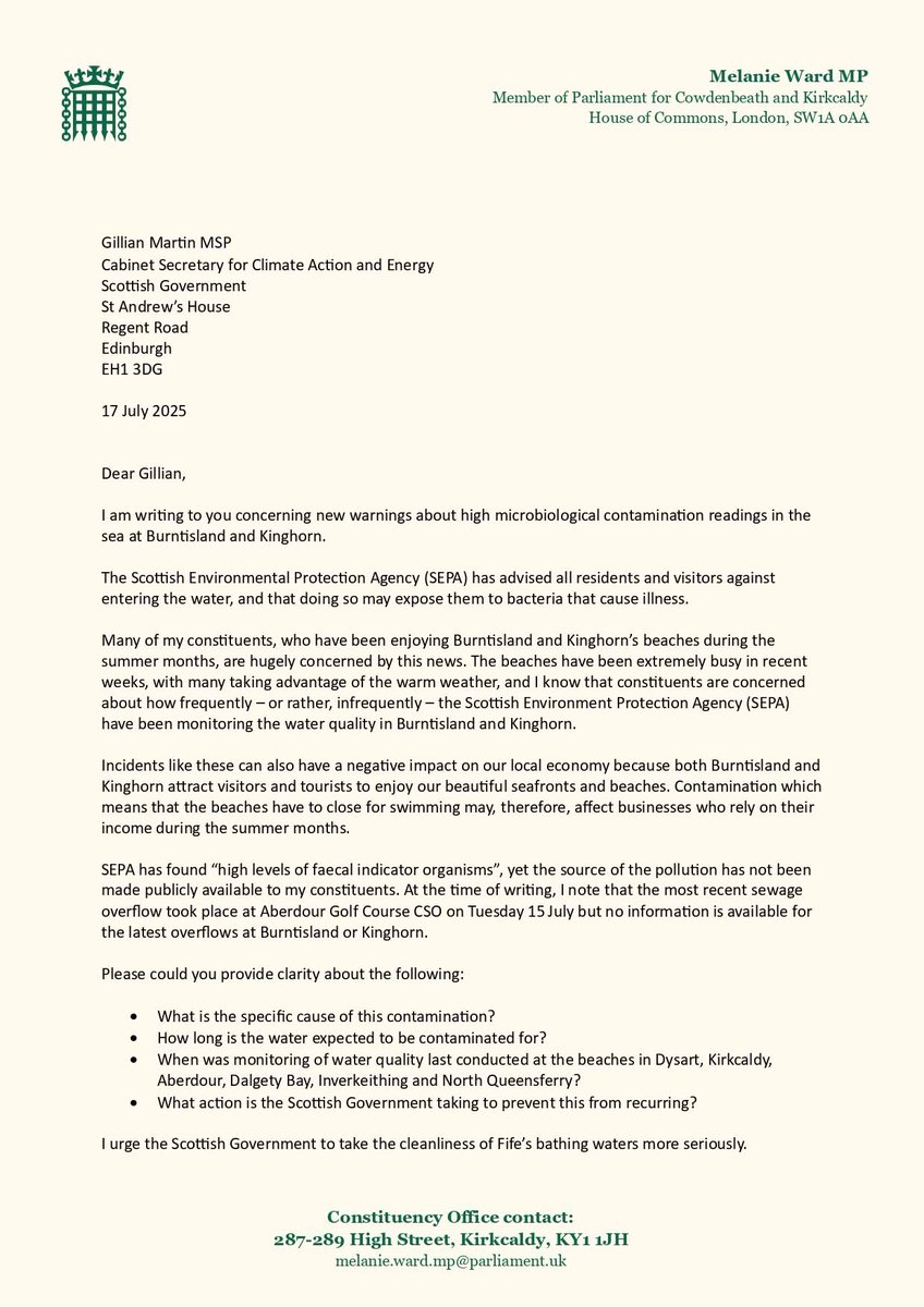 melanie_ward's tweet image. Today I have written to the Scottish Government about reported pollution in the water at Kinghorn and Burntisland beaches, leading to warnings that they are not currently safe to swim at.
It is unacceptable to have sewage polluting our beautiful beaches and they must act.