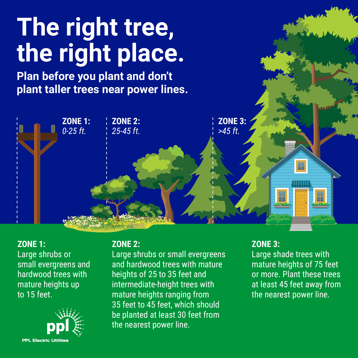 PPLElectric's tweet image. 🌳 Planting trees? Location matters!
✅ Tall trees 50+ feet from power lines
✅ Consider mature size, not current height
✅ Call 811 before digging
Plant smart, stay safe! 🌿⚡
#RightTreeRightPlace #TreePlanting #SafetyFirst #Call811