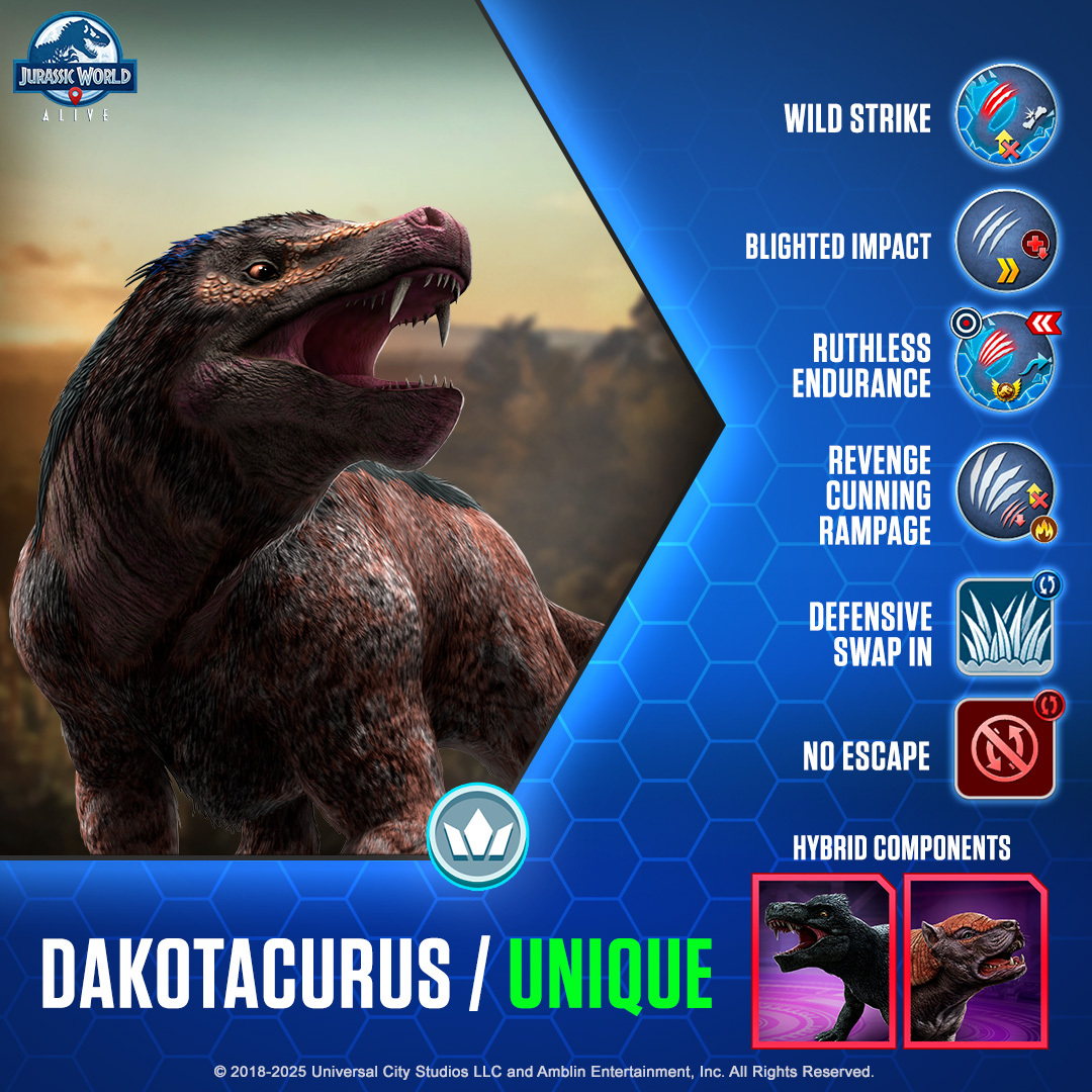 JWorldAlive's tweet image. 🚨 #ICYMI

A new dinosaur has been discovered in Jurassic World Alive! Play to collect and add them to your team.

Find them today! 
▶️ ludia.gg/JWA25_717