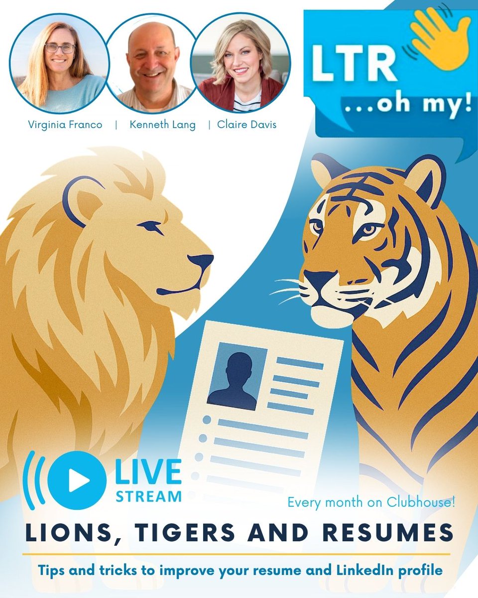 Get your #resume and #jobsearch questions asked and answered LIVE each month with me, ✒️Claire M. Davis🖋️ and Kenneth Lang, courtesy of Lions, Tigers and Resumes! 

Follow us on #LinkedIn to get updates on each upcoming event:
bit.ly/44T37kY

#linkedinlive