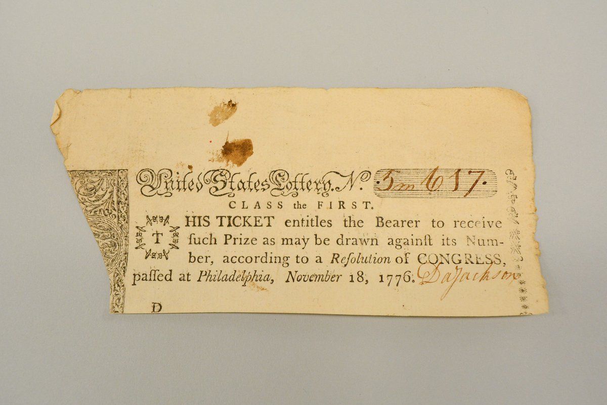 AmRevMuseum's tweet image. Take your chances with this 1776 lottery ticket this #NationalLotteryDay.
This $10 lottery ticket in our collection, one of 100,000 printed, could win the holder between $20 and $10,000 and help fund the Continental Army.
See more on your next visit: bit.ly/3acQM11