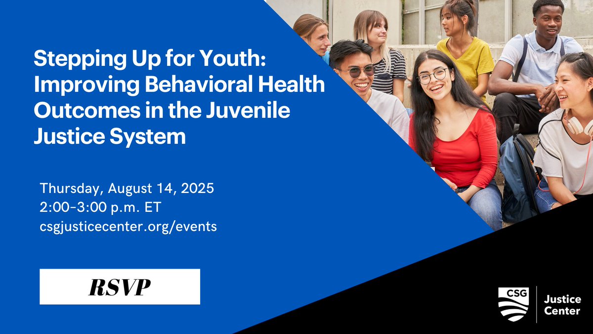 CSGJC's tweet image. How can your state improve access to behavioral health care for youth *before* justice system involvement happens?
Find out in our new webinar on #SteppingUp for Youth: bit.ly/44wD2YG