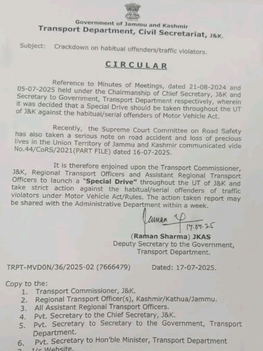 MudasirJourno's tweet image. #NEW: Government orders crackdown on habitual traffic violators across Jammu and Kashmir