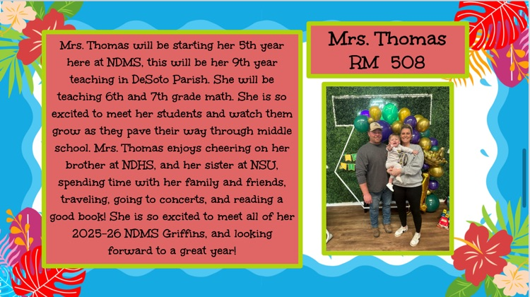North DeSoto Middle School (@ndms_griffins) on Twitter photo We are happy to introduce Mrs. Elizabeth Thomas, 6th grade math, to our ND community. Please help us wish her a wonderful 25-26 academic year! You are #TheDeSotoDifference! #GriffinPride #GriffinStrong #GriffinFamily #NDMS2526 #NDMSELA #bettertogether #DeSotoStrong #DeSotoPride We are happy to introduce Mrs. Elizabeth Thomas, 6th grade math, to our ND community. Please help us wish her a wonderful 25-26 academic year! You are #TheDeSotoDifference! #GriffinPride #GriffinStrong #GriffinFamily #NDMS2526 #NDMSELA #bettertogether #DeSotoStrong #DeSotoPride
