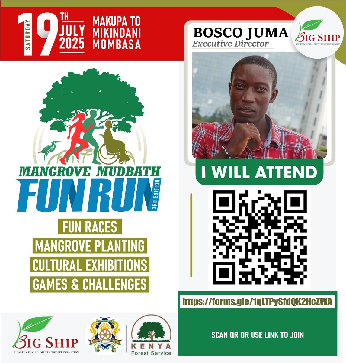 This weekend, come Run, Walk or Cycle 🌿 and conserve our environment. A weekend of Mangrove funrun.

Countdown Begins...

#MangroveFunRun2025 #MudbathMagic #WorldMangroveDay2025 #RunForNature #BringBackTudorCreek #MikokoSafaris  
<a href="/BigShip_CBO/">Big Ship CBO</a> @thenaturecon