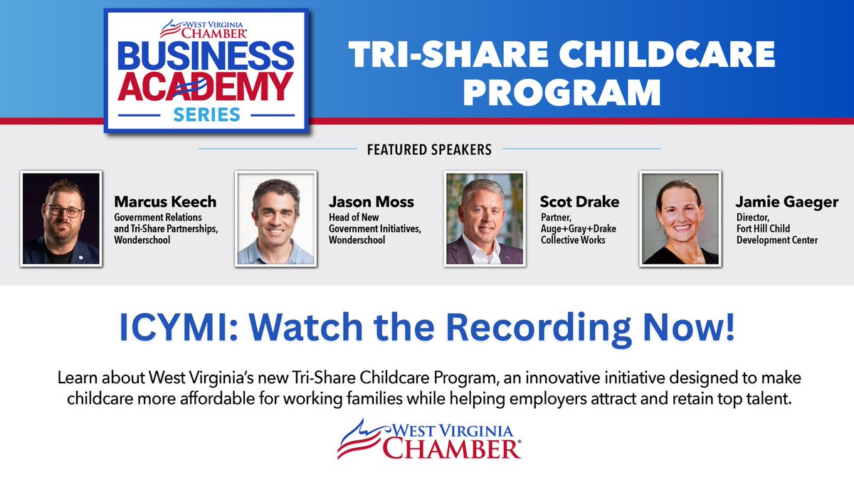 WVaChamber's tweet image. ICYMI: Watch the @WVaChamber’s Business Academy on the Tri-Share Child Care Program, which is designed to make childcare affordable for working families by sharing costs among employers, employees and the state. Watch the recording for key insights: youtu.be/6-gm01WeK34?si…