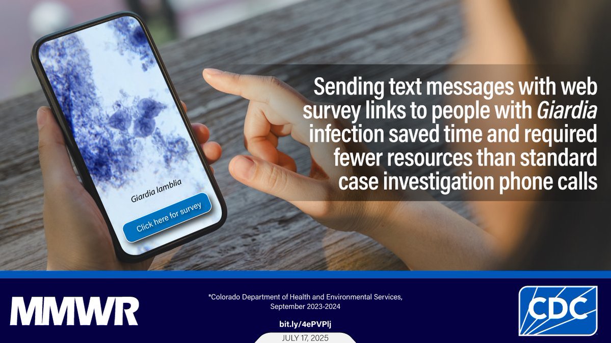 CDCMMWR's tweet image. Health agency facing resource constraints & rising caseloads? @CDPHE successfully piloted a text-based online survey for Giardia case investigations, saving approx. 25 mins. of staff time per case. Learn more about leveraging technology in disease control bit.ly/4ePVPlj