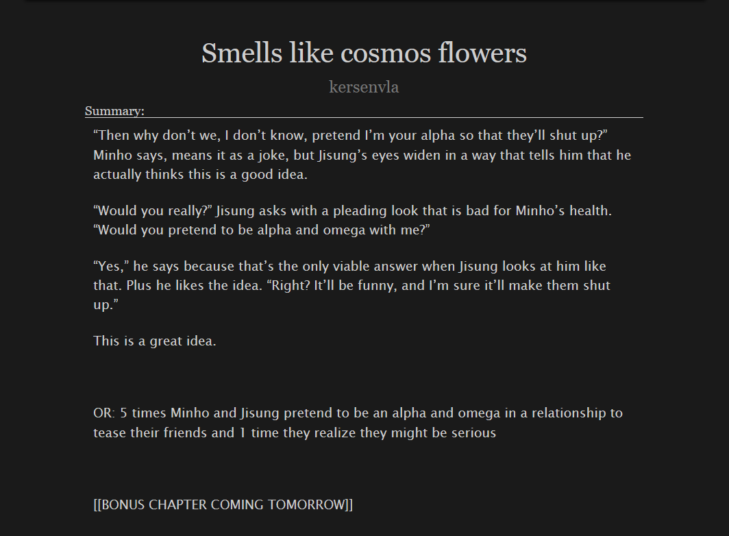 kersenvla's tweet photo. Smells like cosmos flowers

   ✦ Omegaverse (Roleplay), Friends to Lovers, Idiots in Love, Humor, Fake Dating, Frottage, 5+1 things, Possessive 🐰🐿️, Whipped 🐰🐿️
   ✦ Mnsvng
   ✦ Chapter 1/2 (12k/17k) BONUS CHAPTER TOMORROW
   ✦ Rated E

✧ https://t.co/Gjeb44KJZn https://t.co/VpFigTXBic