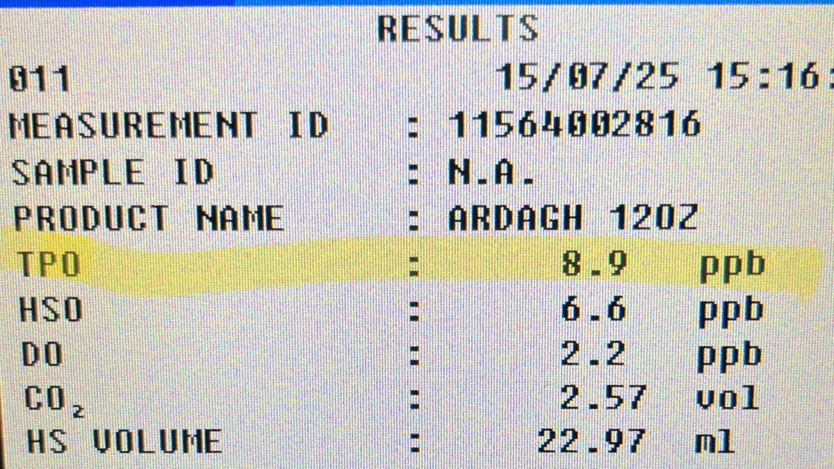 newglarusbrew's tweet image. Our packaging team are certified rockstars!The greatest enemy of flavor and shelf stability is oxygen in the package. Here is a read out showing a total package oxygen (TPO) score of 8.9 parts per billion (ppb) from a recent run on our bottling line. That’s insanely low!
