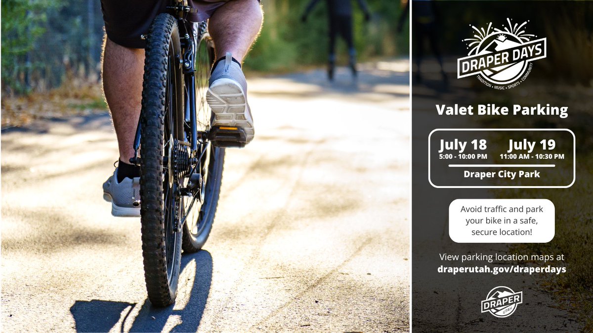 We look forward to seeing you tonight and tomorrow for Draper Days' big events at Draper Park!

Designated parking areas: draperutah.gov/draperdays/

Free bike valet service hours &amp; locations: draperutah.gov/events-program…

UTA TRAX schedules &amp; maps: rideuta.com/Rider-Tools/Sc…
