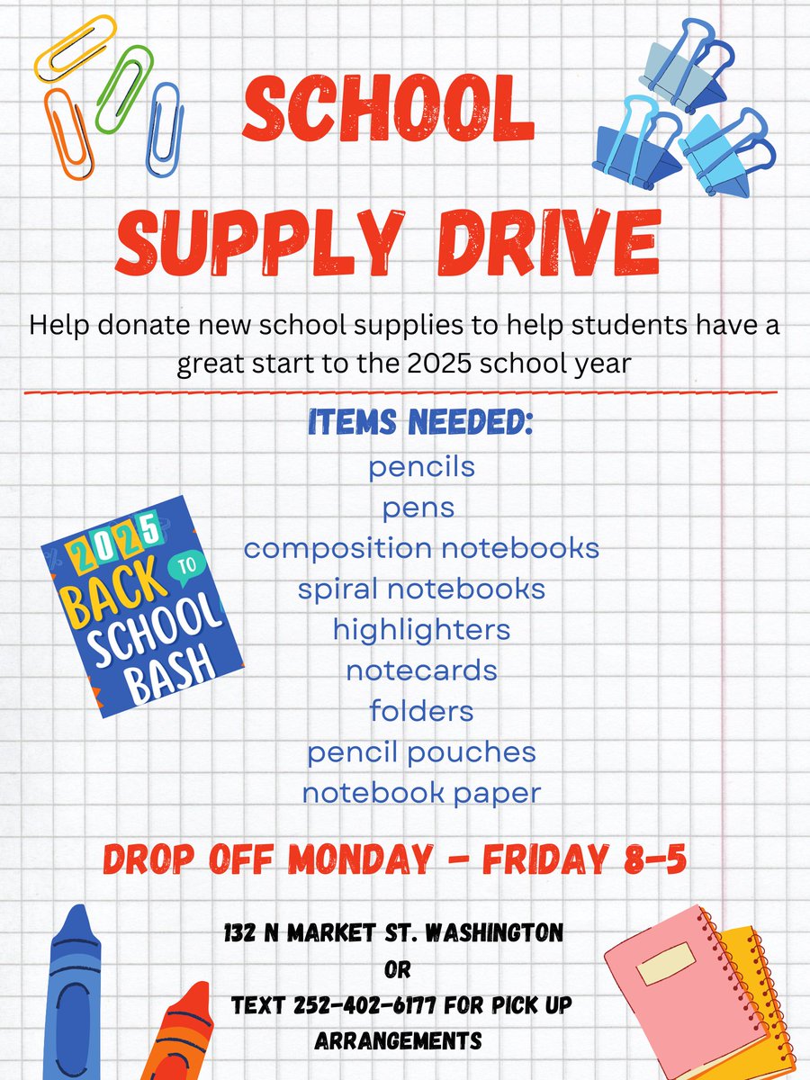 Get ready for the 2025 Back to School Bash! 
Join the party on August 2nd from 10AM–12PM at Covenant Church (230 E. 8th Street, Washington, NC) for a FREE community event full of fun for the whole family!