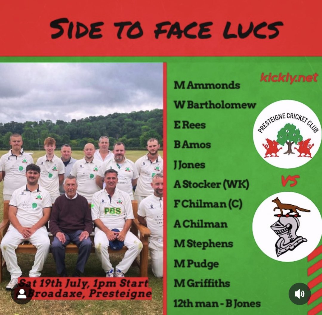Presteigne Cricket Club (@presteignecc) on Twitter photo Team for our final home league game of the season this Saturday against <a href="/LuctoniansCC/">Luctonians CC</a> 2nds. Come on down and bring the noise (and beers) as we look to maintain our lead at the top of the league. Team for our final home league game of the season this Saturday against <a href="/LuctoniansCC/">Luctonians CC</a> 2nds. Come on down and bring the noise (and beers) as we look to maintain our lead at the top of the league.