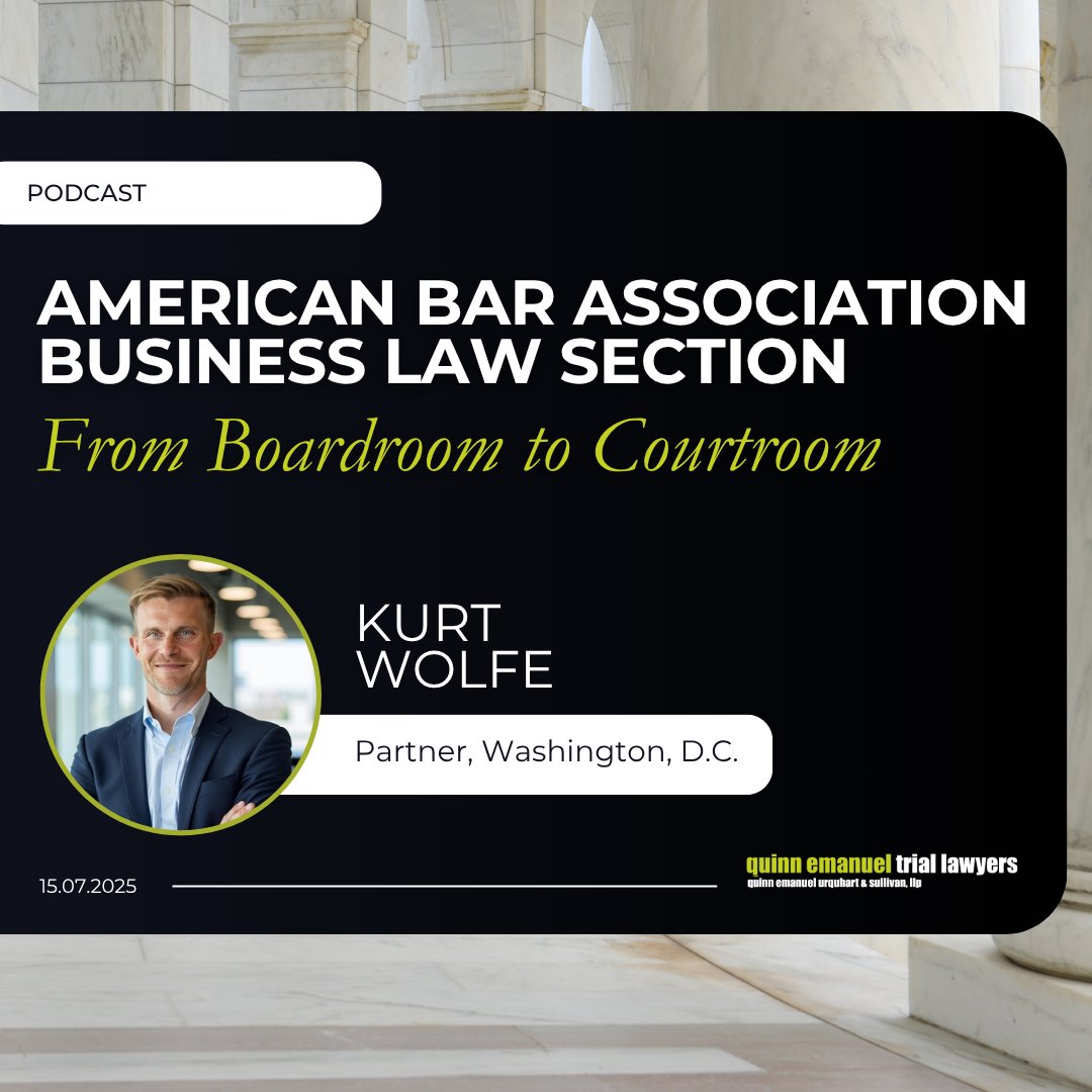 quinnemanuel's tweet image. Quinn Emanuel partner Kurt Wolfe, recently joined the ABA Business Law Section podcast, "From Boardroom to Courtroom."

Listen to the full episode: lnkd.in/dfi5cQtu