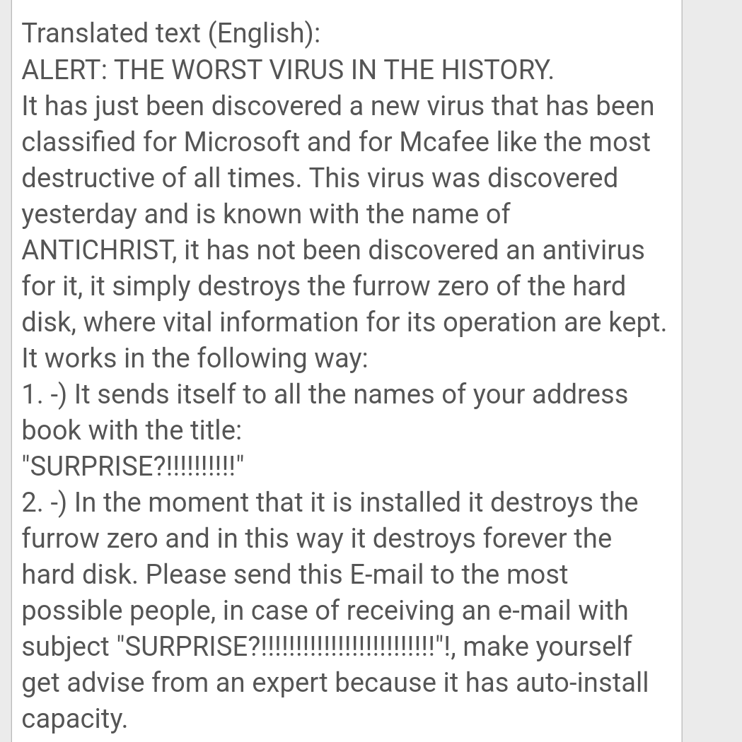 todayininfosec's tweet image. 2007: The Spanish-language computer virus hoax "Antichrist" (aka "Anticristo") was first detected by Symantec.