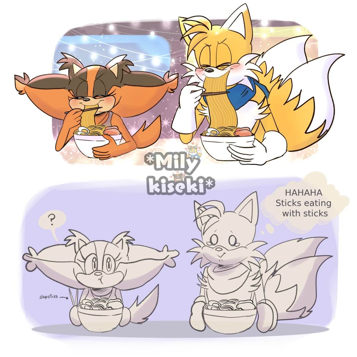 mily_kiseki's tweet photo. Tails and Sticks eating ramen
And on a picnic day 🧡✨

#sticksthebadger #MilesTailsPrower
#TailsTheFox #SonicTheHedgehog #SonicAU #tailsxsticks #sonicboom #sonicdrawing https://t.co/8FGleS3blk