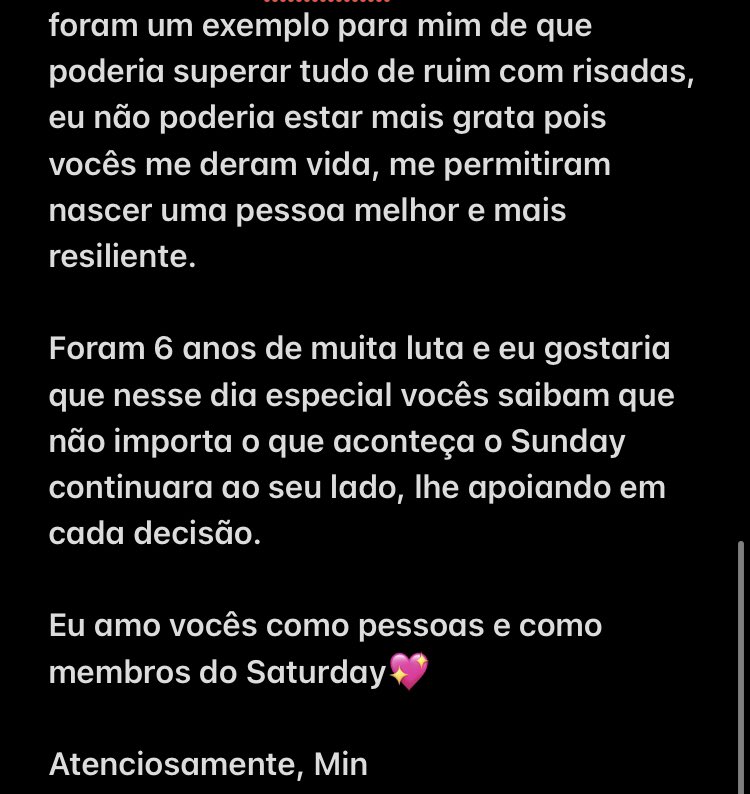 De: Min (<a href="/saturdaybra/">Saturday Brasil #ThankYouSaturday</a> <a href="/LeeJuyeonBR/">Lee Juyeon Brasil🐰 | #RespectSaturday</a>)

Para: Saturday e todas as sua membros💖

#7thSaturdayAnniversary #SATURDAY #세러대이 <a href="/saturday718/">SATURDAY(세러데이)</a>
