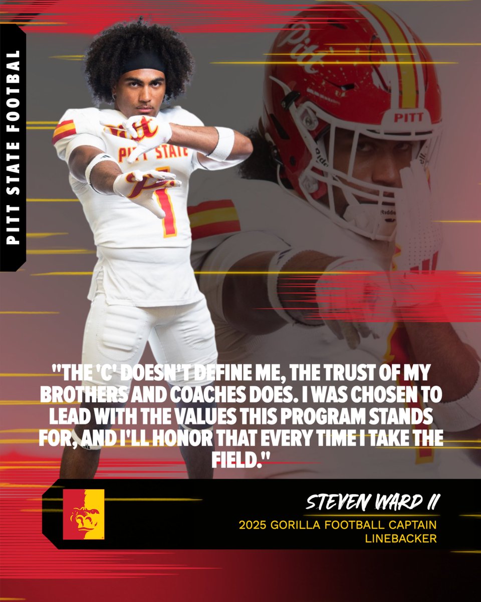 Next up in our "Meet the Captains" series is linebacker Steven Ward II.

Steven is a senior from Nixa, Missouri 🦍🏈

Mark your calendars now and make plans to come watch Ward II and the Gorillas this fall --->pittstategorillas.com/sports/footbal…