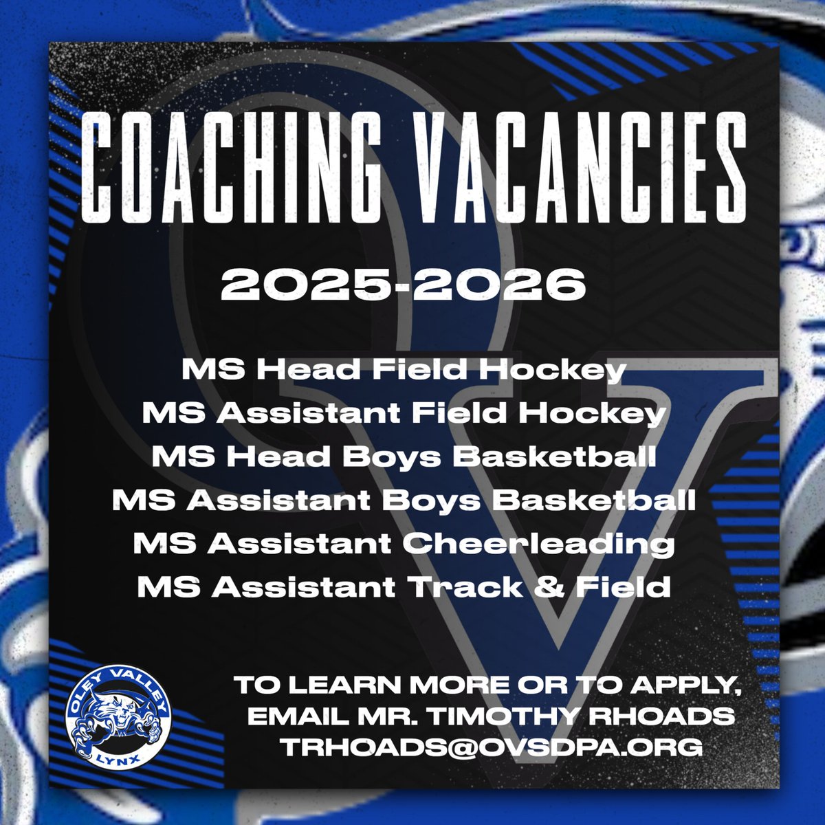 Please contact Mr. Rhoads to apply for any of our current 2025-2026 coaching vacancies!