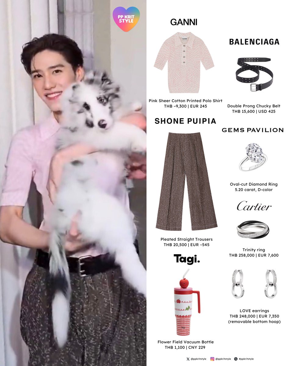 ppkritstyle's tweet image. 〰️ พีพี | PP KRIT STYLE: #CarematecarelivewithBillkinPP
#Ganni Sheer Cotton Printed Polo
#ShonePuipia Pleated Straight Trousers
#Balenciaga Double Prong Chucky Belt
#GemsPavilion Oval Diamond Ring
#Cartier Trinity ring, LOVE earrings
#Tagi Vacuum Bottle
#ppkritt #ppkritstyle