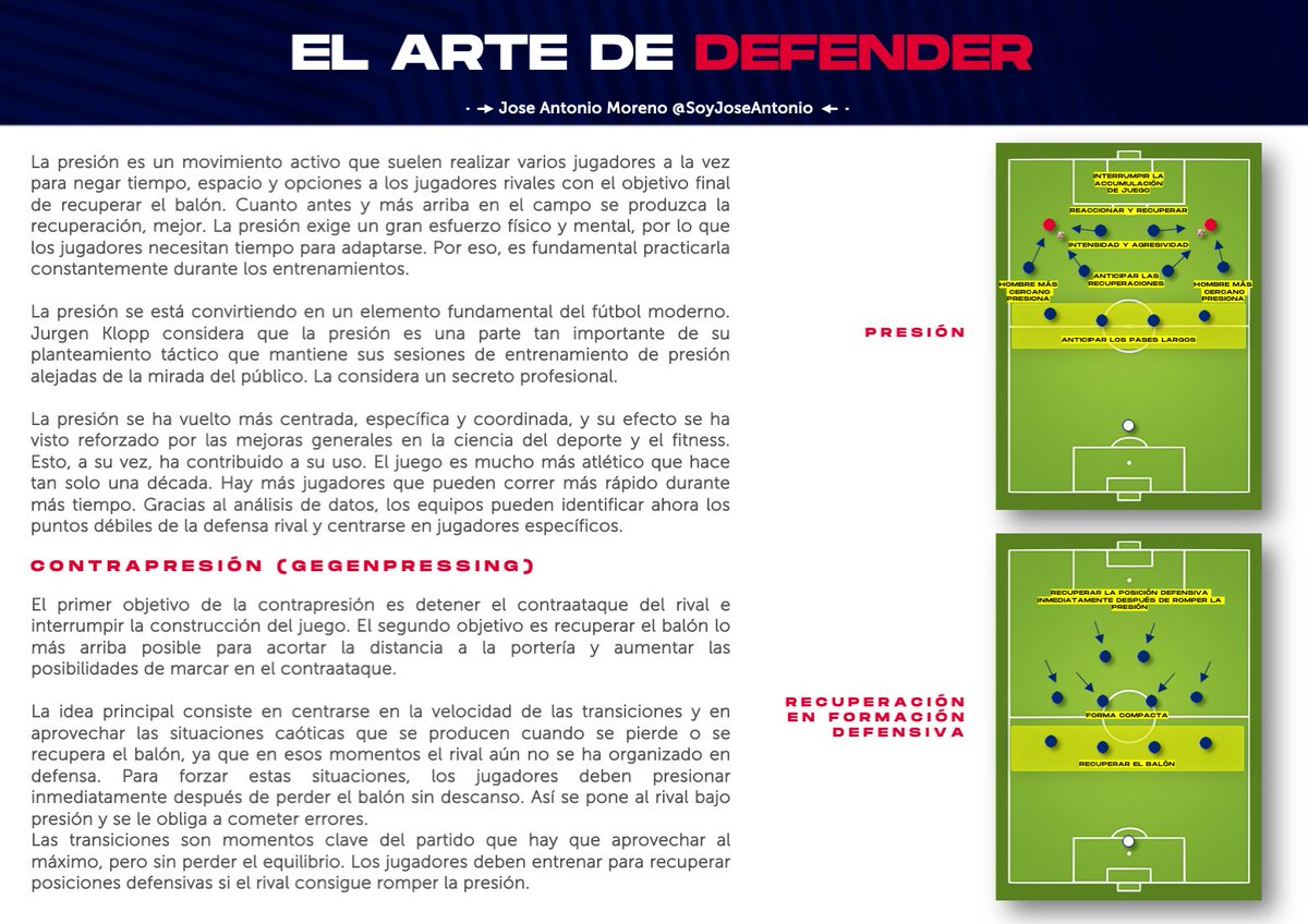✍️ EL ARTE DE DEFENDER

La presión es una acción colectiva clave en el fútbol moderno que consiste en recuperar el balón negando tiempo y espacio al rival, preferiblemente en zonas altas del campo.