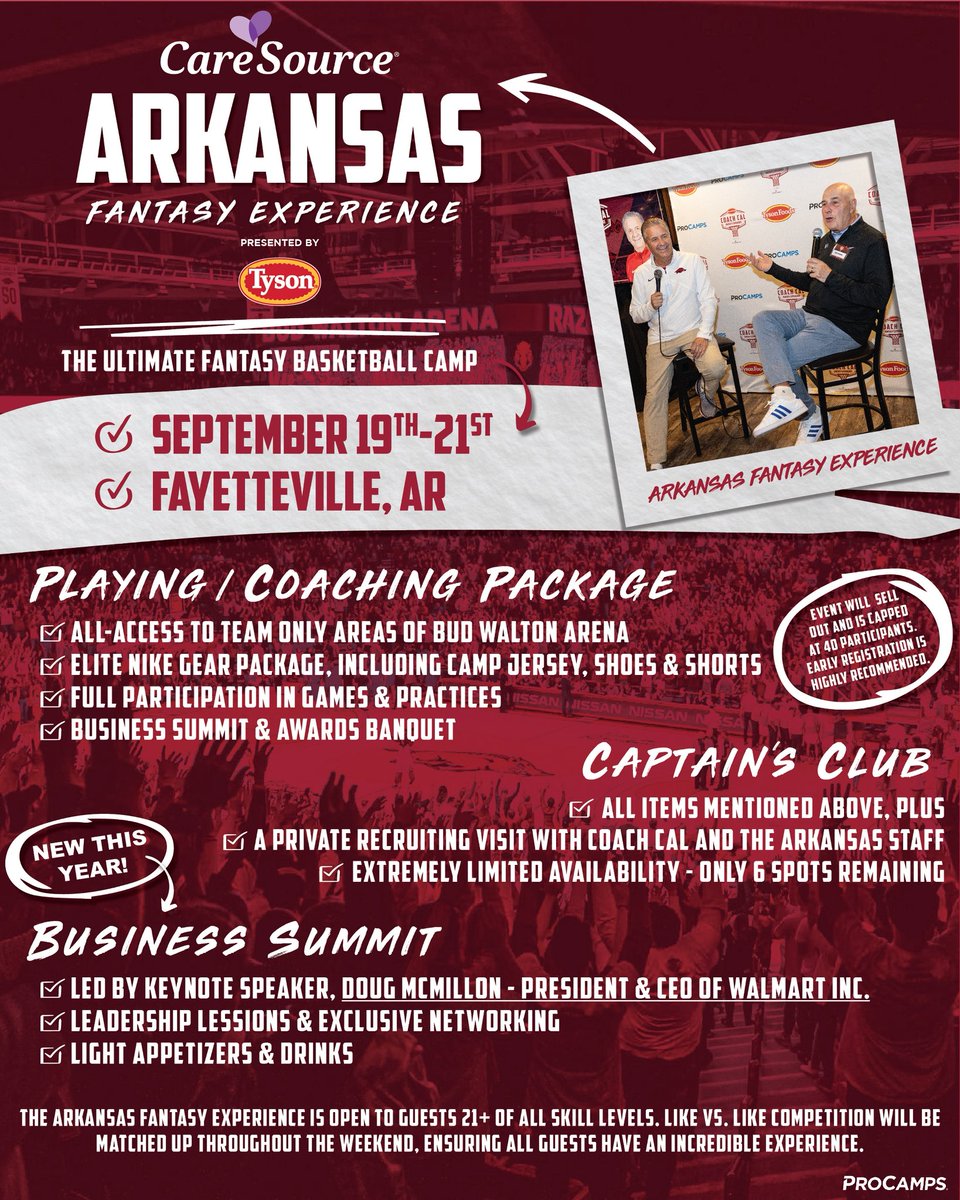 CoachCalArk's tweet image. Last year’s Fantasy Camp was a blast…And we can’t wait to do it again this year! Join us at the @CareSource Arkansas Fantasy Experience presented by @TysonBrand
If you want to experience the inner workings of our program, this weekend is for you! Check out the video to see how…