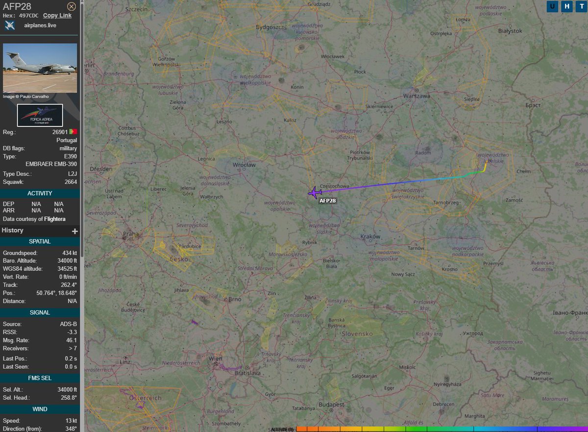 PolishMilRadar's tweet photo. 📅17.07⌚️17:38LT
🇵🇹 Siły Powietrzne Portugalii
✈️ Embraer E-390 Millennium "26901"
🛫 Lublin #EPLB 🇵🇱
🛬 Nieznane
#AFP29 leci na FL340
🔗https://t.co/XJo6XDUMLO
#POLMILRADAR https://t.co/PhViVpBR59