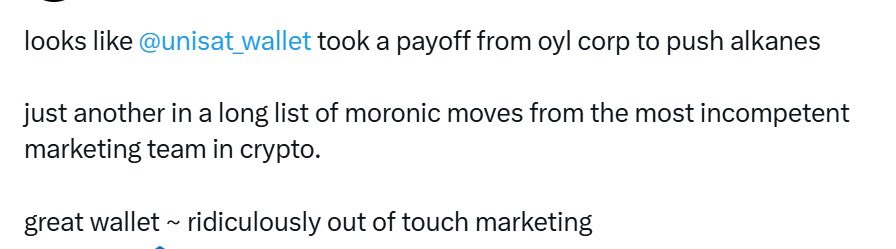BREAKING: Unisat allegedly took Oyl Corp bribes to shill Alkanes!

Yeah just your daily dose of Bitcoin doomscrolling and innovators getting hate-cuddled by the community. Such collaborative spirit guys! Bitcoin will surely thrive under your watch 🙄

Serious question though….if