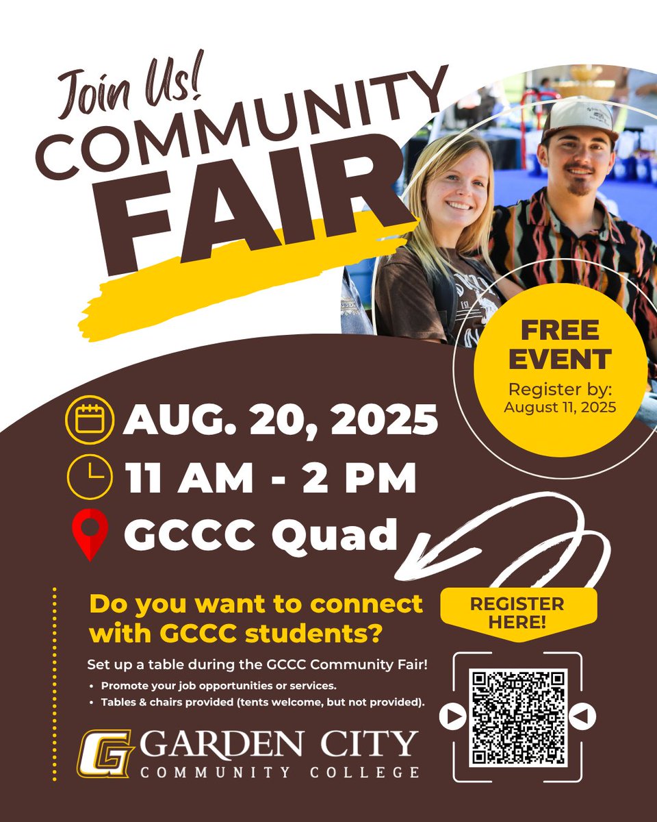 GCCC will host a Community Fair on Wed, Aug 20, from 11 AM – 2 PM in the GCCC Quad! Local businesses are encouraged to join us for this free event to connect with students during the first week of class

📝 Register now ow.ly/PfRx50WrjMH

Questions? kellee.munoz@gcccks.edu