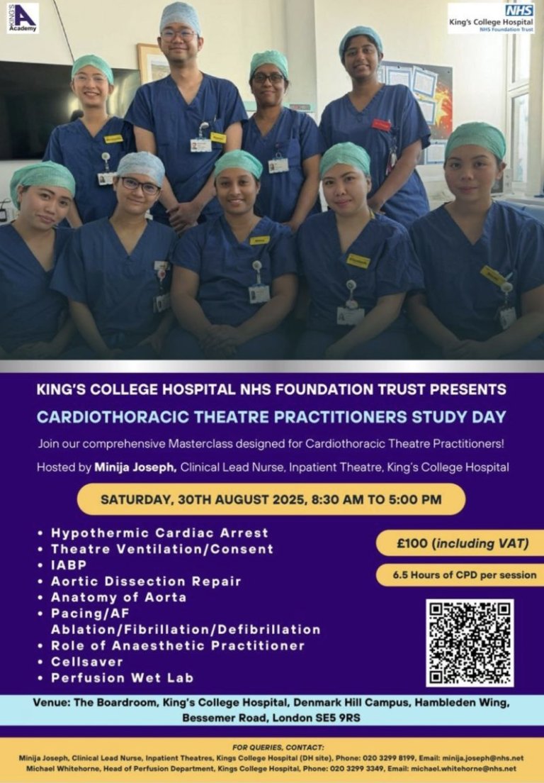 The third Cardiothoracic Theatre Practitioners Day will be taking place on Saturday 30th August 2025 💫 !

This day is ideal for theatre practitioners, perfusionists, anaesthetic practitioners, scrub nurses, and clinical lead nurses.

Full info 👇
