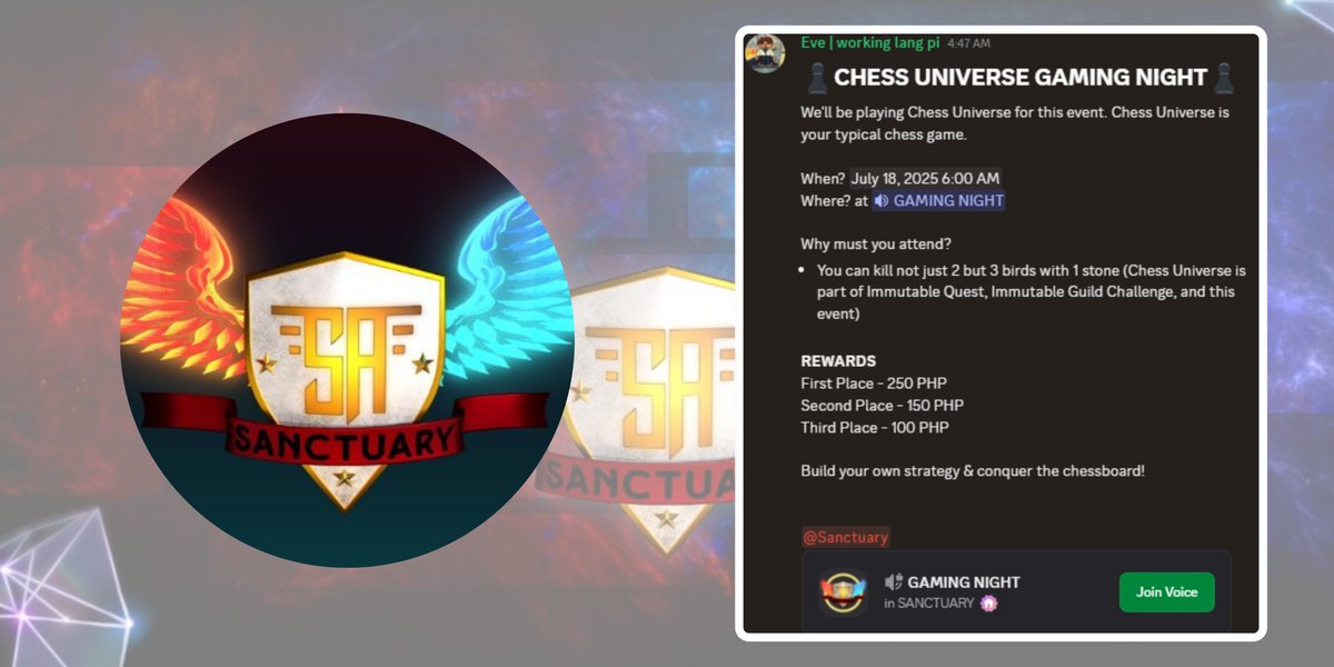 Sanctuary (@sanctuary_den) on Twitter photo πππ ππππππ πππππ
We'll be playing <a href="/chess_universe/">Chess Universe</a> at our home server!
When? July 18 | 9 PM PHT
Where? Sanctuary Server
Time to enjoy playing with friends! πππ ππππππ πππππ
We'll be playing <a href="/chess_universe/">Chess Universe</a> at our home server!
When? July 18 | 9 PM PHT
Where? Sanctuary Server
Time to enjoy playing with friends!
