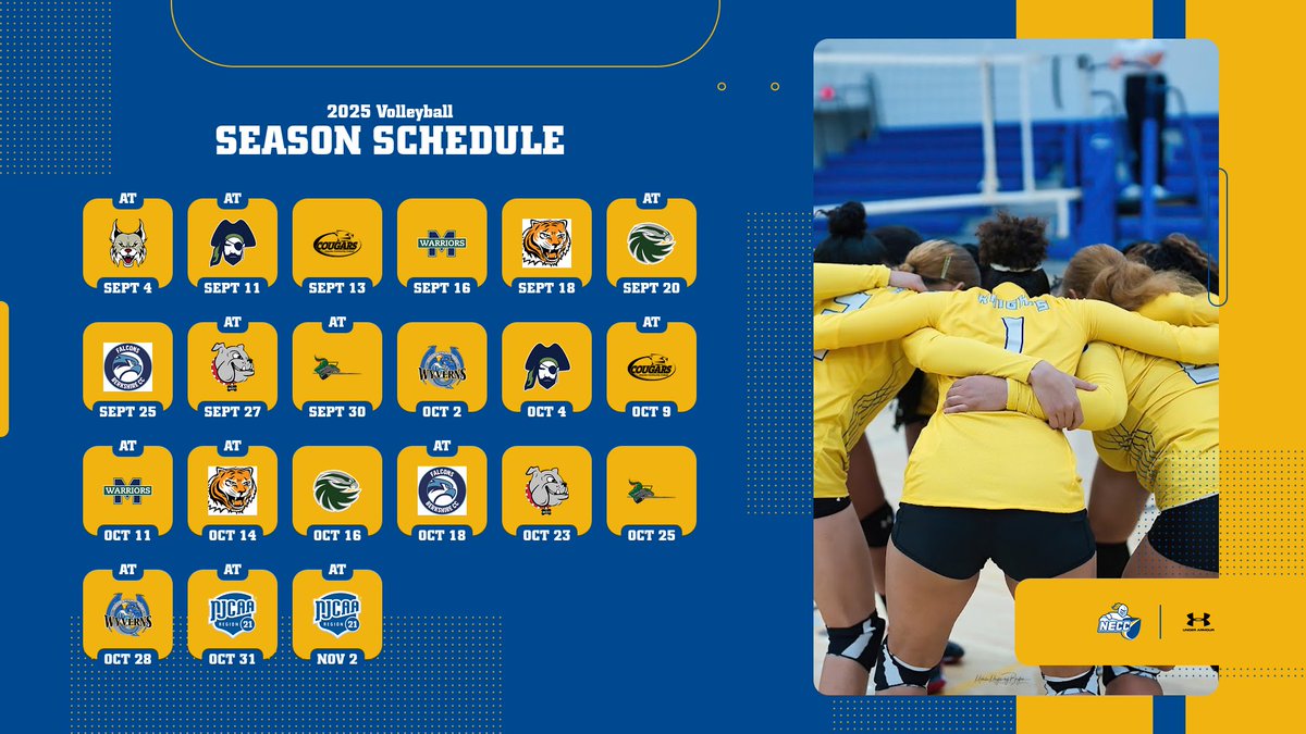 NECCKNIGHTS's tweet image. 🏐 SEASON SCHEDULE RELEASED! Knights volleyball will be looking to make a 9th consecutive post-season appearance this coming season. Practice gets underway August 11th with the season opener scheduled for September 4th