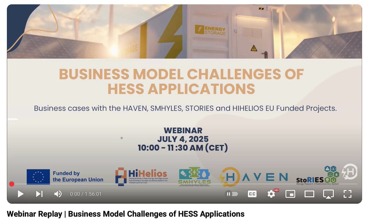 Missed the “Business Model Challenges of HESS Applications” webinar? 🎥 Replay now available!
Insights from HAVEN, SMHYLES, HIHELIOS &amp; StoRIES on the future of hybrid energy storage in Europe.
📺 havenproject.eu/archivos/4618

#HAVENproject #HESS #EnergyStorage #EUfunded