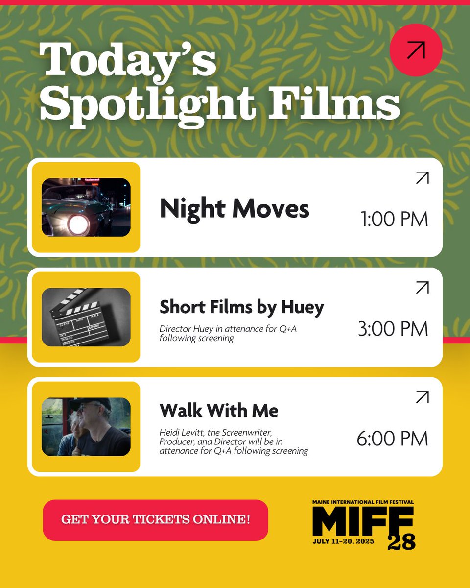 mainefilmcenter's tweet image. Place, memory, and healing shape today’s @MIFFMaine films.
Night Moves—1pm
Short Films by Huey + Q+A—3pm
Walk With Me + Q+A—6pm
PLUS 🎨 Art in the Park—3–5pm
🎟 Grab your tickets for today's films: bit.ly/4luzsVm
#MIFF28 #Huey #HeidiLevitt #ArtInThePark