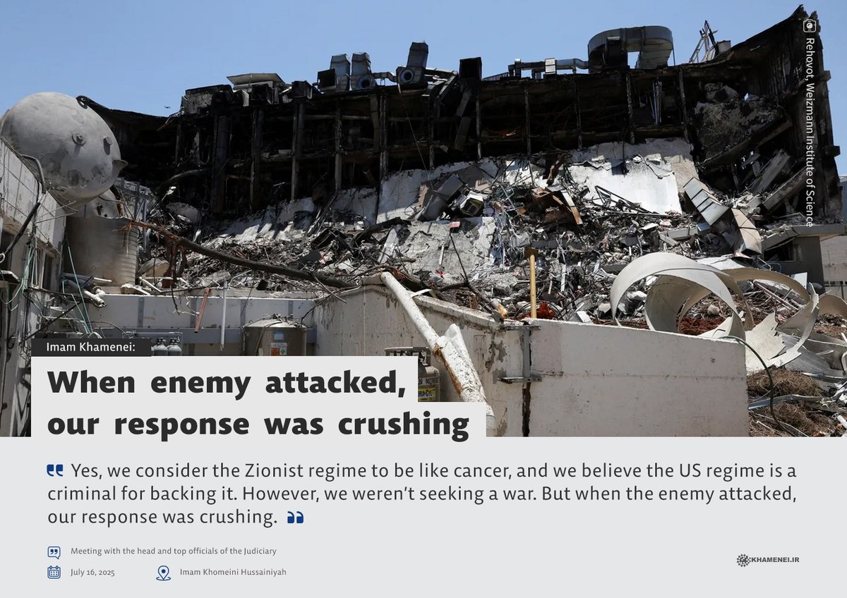 Khamenei_m's tweet image. 🔰When enemy attacked, our response was crushing
Yes, we consider the Zionist regime to be like cancer, and we believe the US regime is a criminal for backing it. However, we weren’t seeking a war. But when the enemy attacked, our response was crushing.
Imam Khamenei