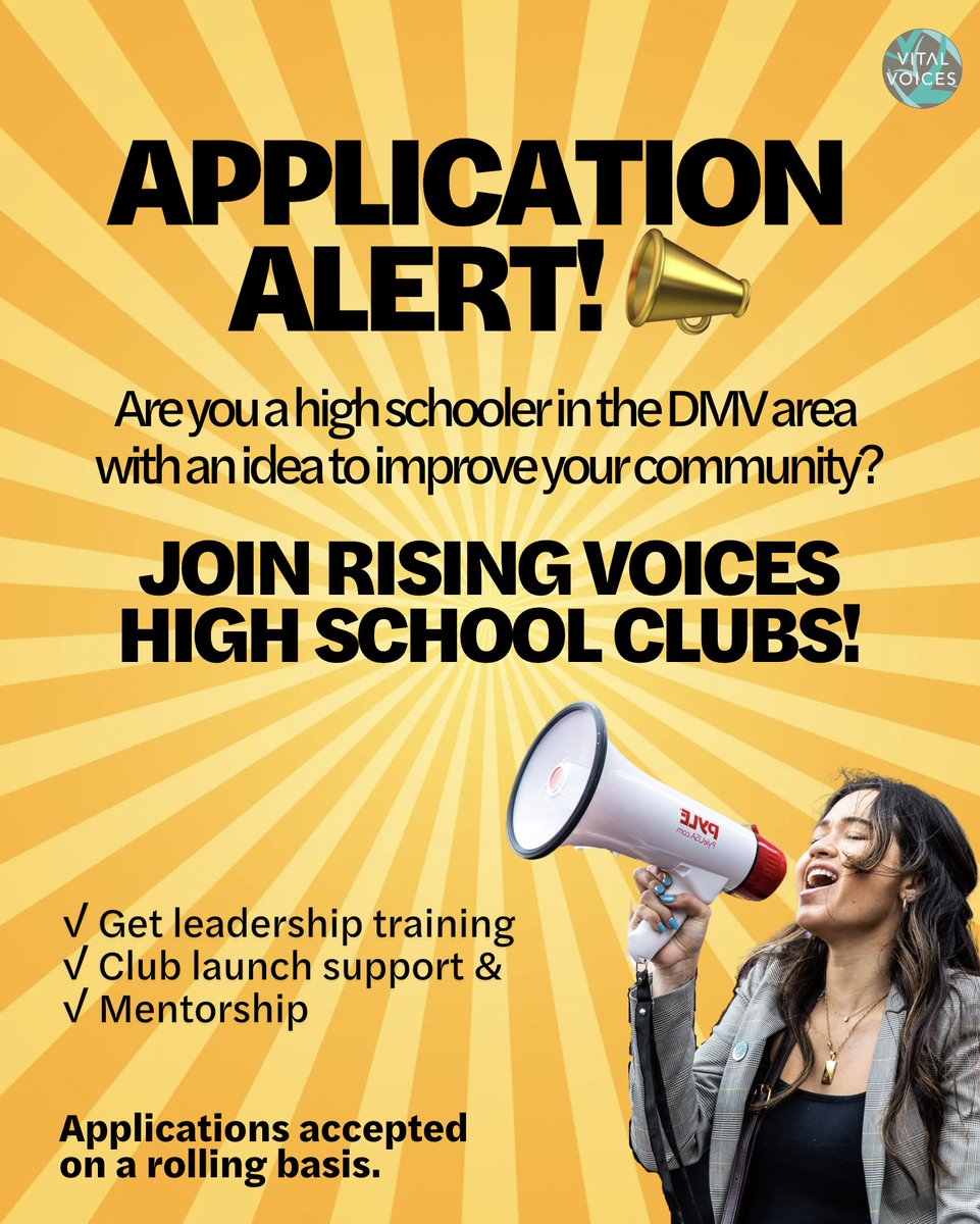 VitalVoices's tweet image. 🚨 Application Alert! Are you a high school student in the DMV area with a big idea to create change in your community?
Join our Rising Voices High School Clubs—where young leaders turn their ideas into action with support from Vital Voices.
Apply here: survey.alchemer.com/s3/8307980/Ris…