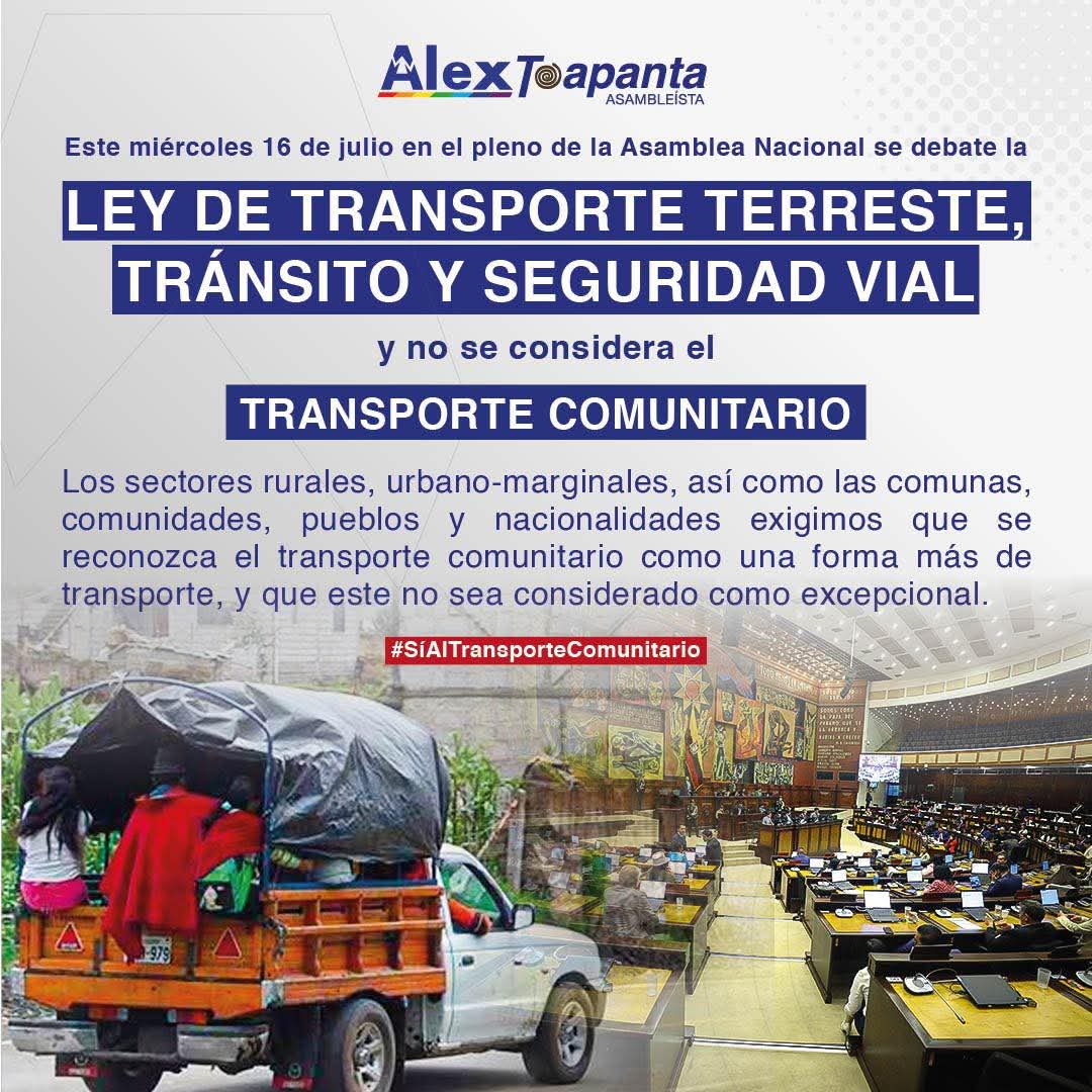ApawkiCastro's tweet image. Hoy @AsambleaEcuador debate la reforma a la ley de tránsito pero no reconocerá al transporte comunitario como modalidad, seguirá siendo “excepcional”, dejando en el olvido la lucha de años.
La "#nuevaasamblea" debe considerar estas necesidades, veremos como sale para 2do debate