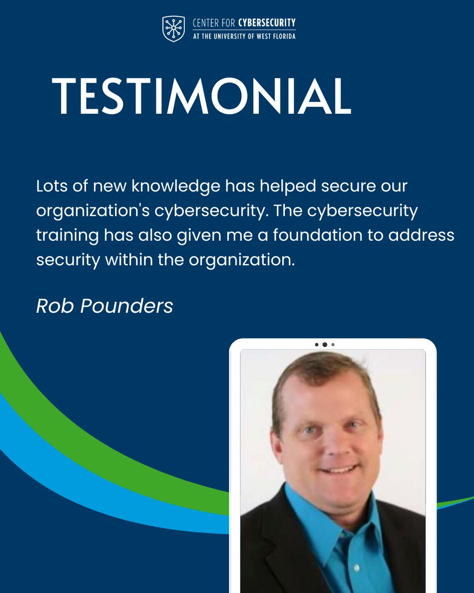 "Lots of new knowledge has helped secure our organization's cybersecurity. The cybersecurity training has also given me a foundation to address security within the organization."
— Rob Pounders

<a href="/UWF/">UWF</a> <a href="/CyberSecurityFL/">Cyber Florida</a> 

#UWFCyber #cybertraining #government #Florida #Firstline