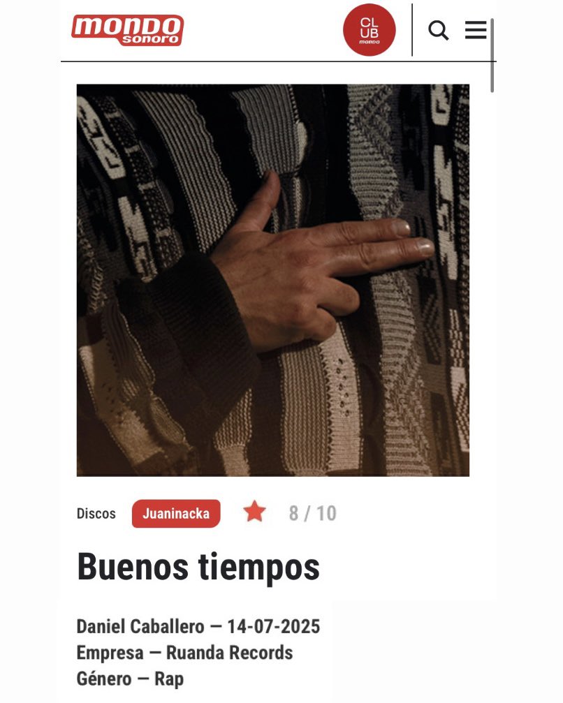 Daniel Caballero (@danicaballerou) on Twitter photo 🔴 Mi crítica de “Buenos Tiempos”, el último álbum de uno de los tótem del rap español, <a href="/Juaninacka/">Juaninacka</a> , ya disponible en <a href="/mondo_sonoro/">Mondo Sonoro</a>
📄 Producido por el cordobés <a href="/CICLO_CDB/">Ciclo</a> Juaninacka aporta una radiografía humanista y crítica de estos tiempos raros banales e individualistas, y 🔴 Mi crítica de “Buenos Tiempos”, el último álbum de uno de los tótem del rap español, <a href="/Juaninacka/">Juaninacka</a> , ya disponible en <a href="/mondo_sonoro/">Mondo Sonoro</a>
📄 Producido por el cordobés <a href="/CICLO_CDB/">Ciclo</a> Juaninacka aporta una radiografía humanista y crítica de estos tiempos raros banales e individualistas, y